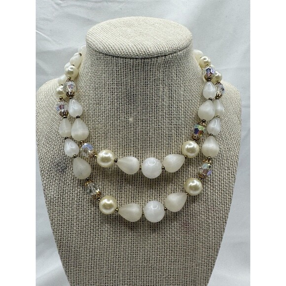 Vintage Lisner White Moonglow Pearl Crystal Double Strand Vintage Necklace - Picture 1 of 9
